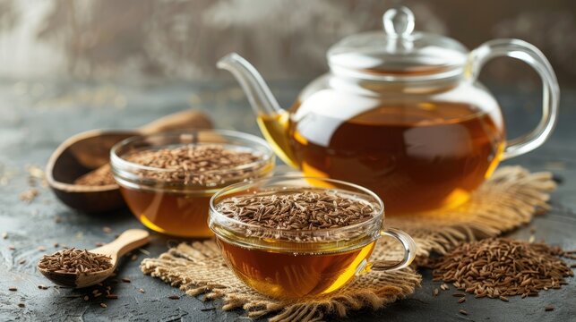 Captivating image of herbal cumin tea in a glass cup and teapot, accompanied by a wooden spoon filled with fragrant cumin seeds