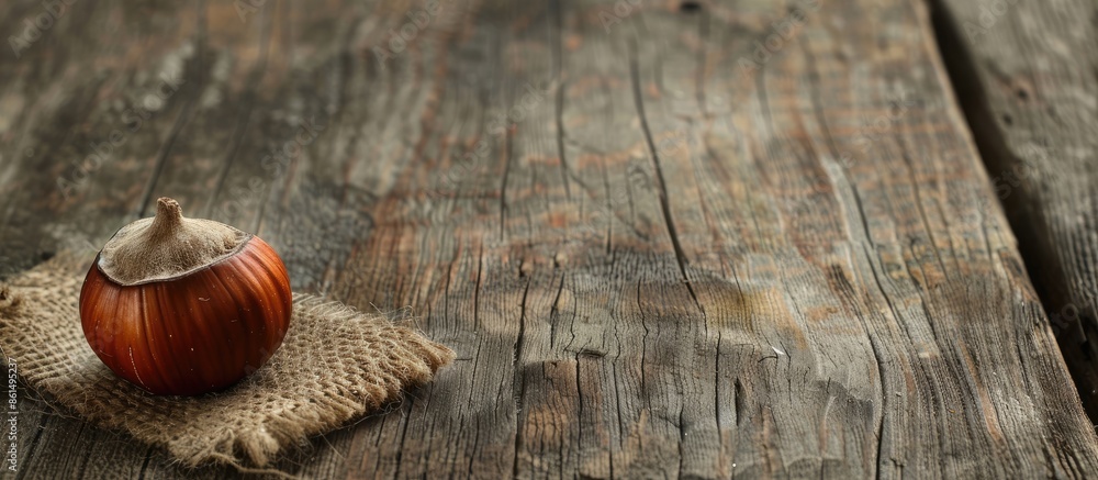 Poster a hazelnut placed on a rustic wooden surface with empty space for additional content in the photogra