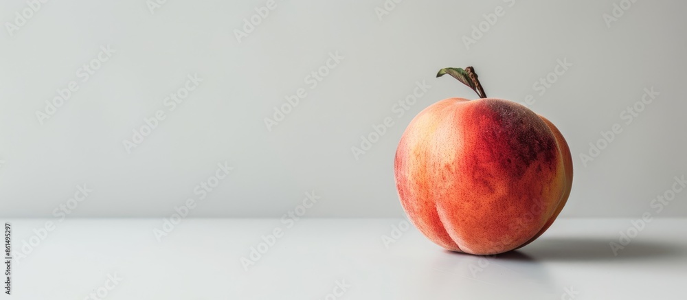 Poster a scrumptious peach with copy space image on a plain white backdrop.