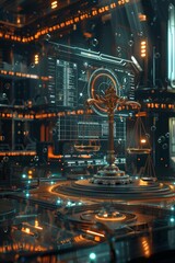 Virtual courtroom with digital bankruptcy proceedings, futuristic justice