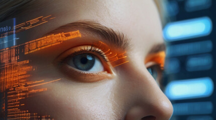 Eye close up, Futuristic portrait of IT specialist analysing data on transparent screen in front of her, information AI technology, cyber security concept	