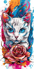 Fototapeta premium Neotraditional Tattoo: White Cat on Vibrant Background 
