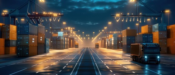 Obraz premium Nighttime Shipping Port with Illuminated Cranes and Containers, Trucks on Wet Roads