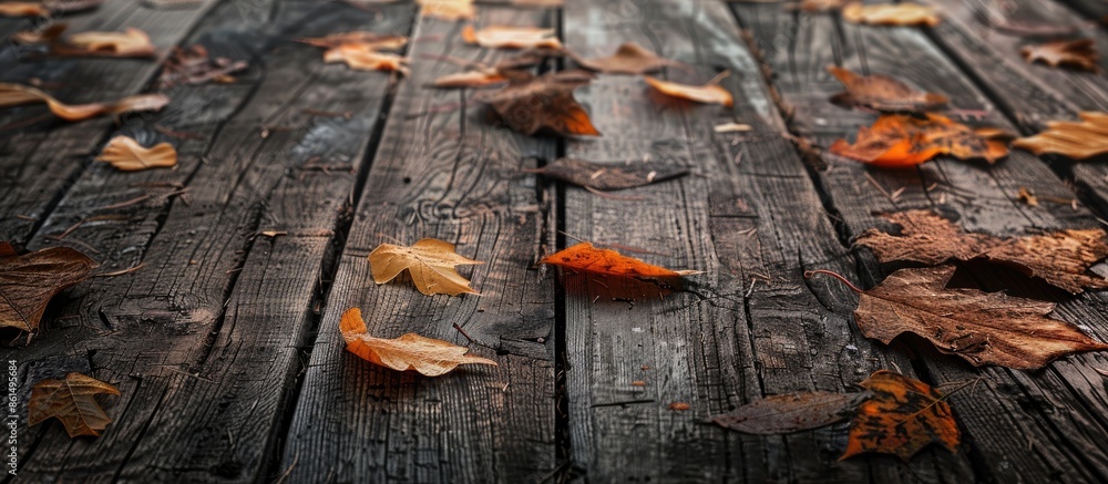 Poster a rustic autumn background featuring an old wooden table with ample copy space image.