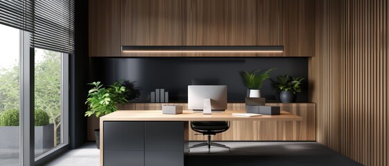 Modern Minimalist Home Office with Wooden Furniture and Large Window for Natural Light