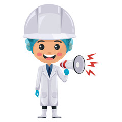 Quality control supervisor in food production line making an announcement with a megaphone. Food industry engineer. Chief food safety. Science, technology and safety in food production and processing