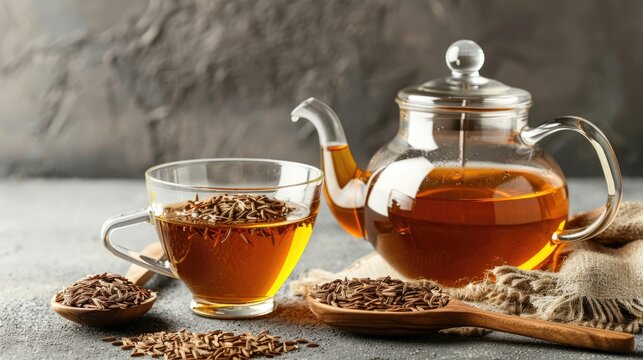 Captivating image of herbal cumin tea in a glass cup and teapot, accompanied by a wooden spoon filled with fragrant cumin seeds