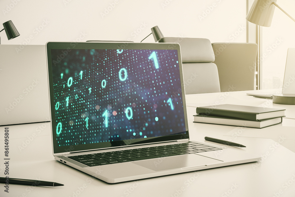 Aufkleber Creative abstract binary code sketch on modern laptop monitor, hacking and matrix concept. 3D Rendering