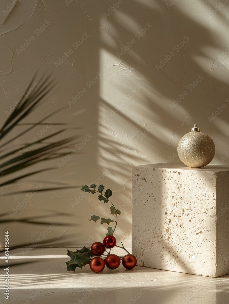 Poster minimalist christmas display with festive ornaments and shadow play on beige background