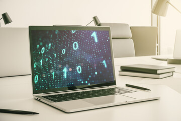 Creative abstract binary code sketch on modern laptop monitor, hacking and matrix concept. 3D Rendering