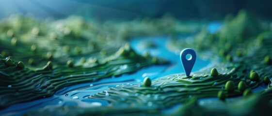 3D Rendered Topographic Map with Location Pin Highlighting a Specific Area in a Lush Green Landscape