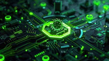 Virus icon, green security breach alert, firewall illustration, top view, showcases threat detection, cybernetic tone, analogous color scheme