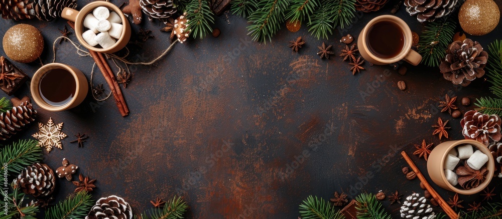 Poster a festive arrangement with christmas and new year decorations, featuring top view of fir tree branch