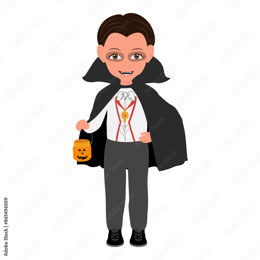 Wall mural Flat Vector Illustration of Kid Boy Wearing a Dracula Halloween Costume, Cartoon Character Set For Animation, Various Views, Poses and Gestures. Item 1