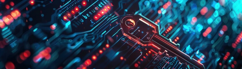 Obraz premium Data server, dark encrypted data symbol, key icon, top view, illustrates data security, digital tone, tetradic color scheme