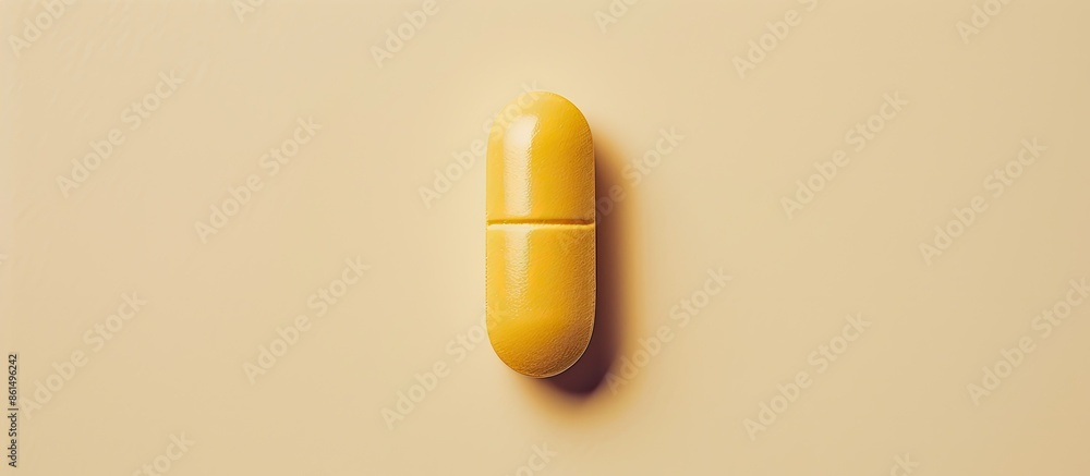 Poster a single yellow pill displayed on a simple backdrop with room for additional text or graphics. medic