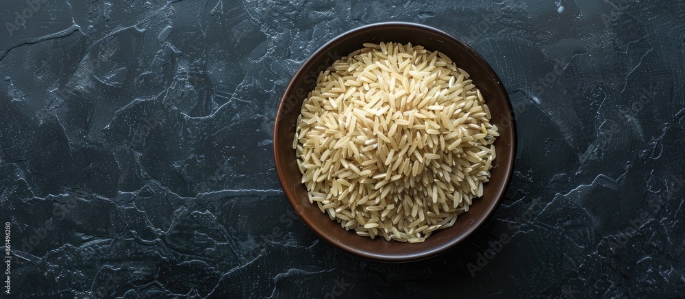 Poster a bowl containing uncooked brown rice with a plain background perfect for adding text or other eleme
