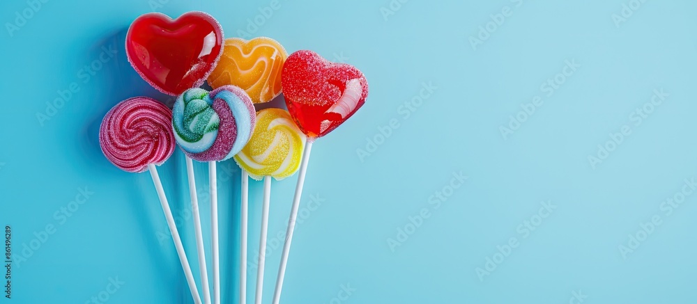 Poster a variety of colorful lollipops forming a heap with a heart-shaped candy at the center, set against 