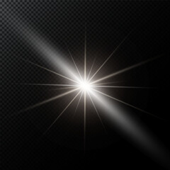 Realistic vector illustration of light effects on a black background including sparkling stars, twinkling and flashing lights on a transparent background