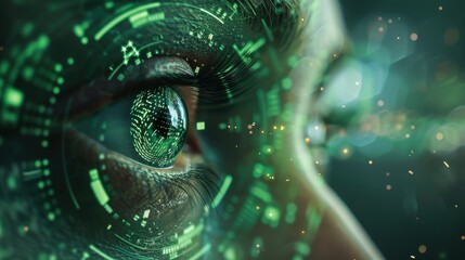 Eye icon, green digital analytics graph, access granted message, side view, emphasizes data analysis, futuristic tone, vivid color scheme