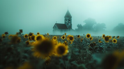 Scenic view of church in countryside with sunflower and rural scene.