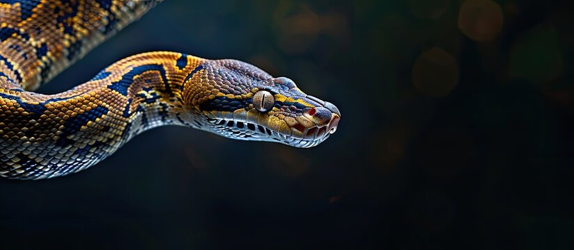 A reticulated python (Python reticulatus) featured on a blank, copy space image.