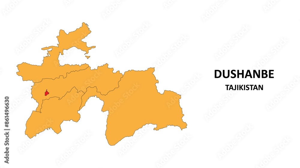 Sticker dushanbe map is highlighted on the tajikistan map with detailed state and region outlines.