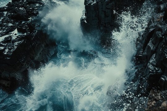 Dramatic ocean waves crashing against picturesque rocks, creating a powerful and adventurous seascape. Generative AI