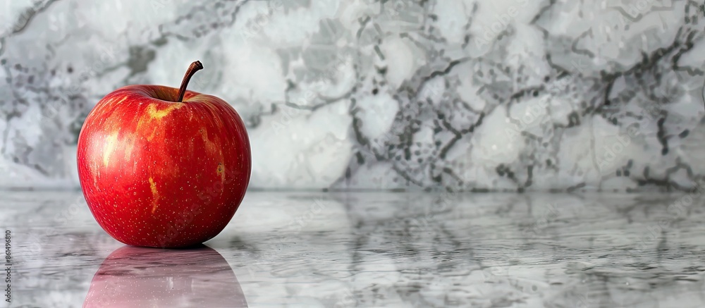 Poster a red apple is placed on a shiny marble surface, perfect for a background with ample copy space imag