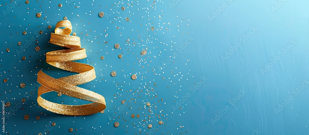 Poster a festive composition with a golden ribbon shaped like a christmas tree on a blue background, featur
