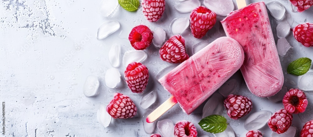 Poster a popsicle and frozen raspberries with copy space image.