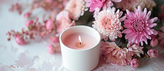 A pink and cream-scented candle, a white candle holder, and rose chrysanthemum flowers arranged with a designated area to add text within the image. image with copy space