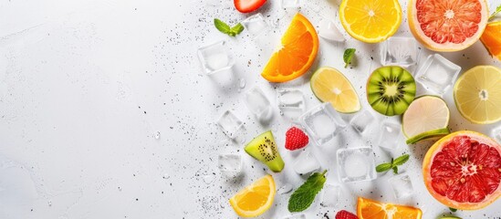 A bird's-eye view of an assortment of tropical fruit slices and ice cubes on a white background with copy space image.