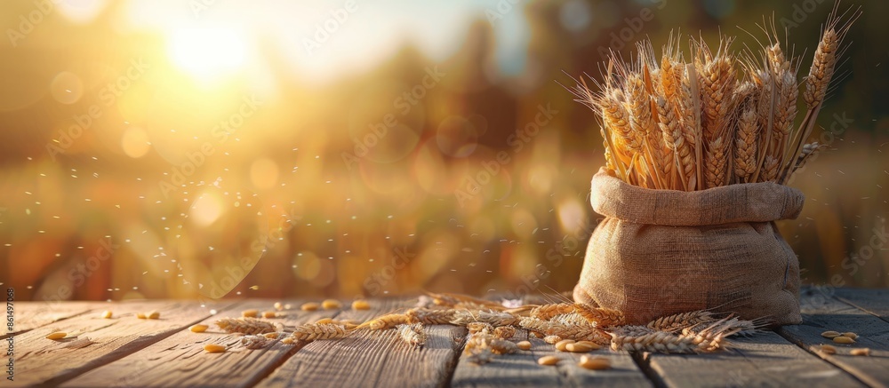 Poster a wooden table with a bag of wheat creates a rustic setting with a backdrop perfect for adding copy 