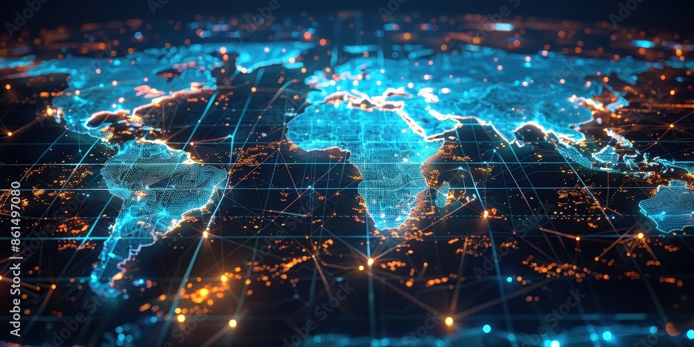 Poster digital world map with interconnected lines