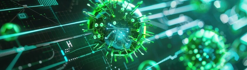 Virus icon, green password entry field, network diagram, top view, showcases system protection, cybernetic tone, analogous color scheme