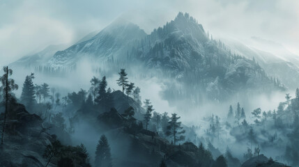 A misty mountain scene with trees, seen from a wide angle in the early morning.