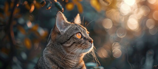 A domestic cat with striking orange eyes is outdoors, curiously gazing at something with an awkward pose in the image with copy space.