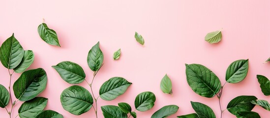 A creative arrangement on a soft pink background featuring green leaves and providing copy space for an eco-themed image.