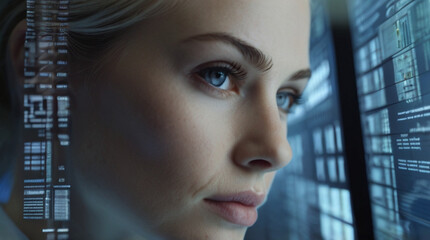 Futuristic portrait of IT specialist analysing data on transparent screen in front of her, information AI technology, cyber security concept	
