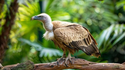 Detailed close up of a vulture perched gracefully on a sturdy and robust tree branch