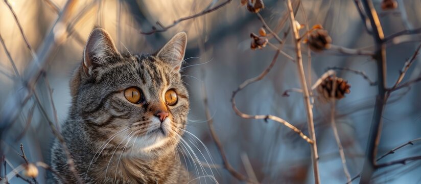 A domestic cat with striking orange eyes is outdoors, curiously gazing at something with an awkward pose in the image with copy space.