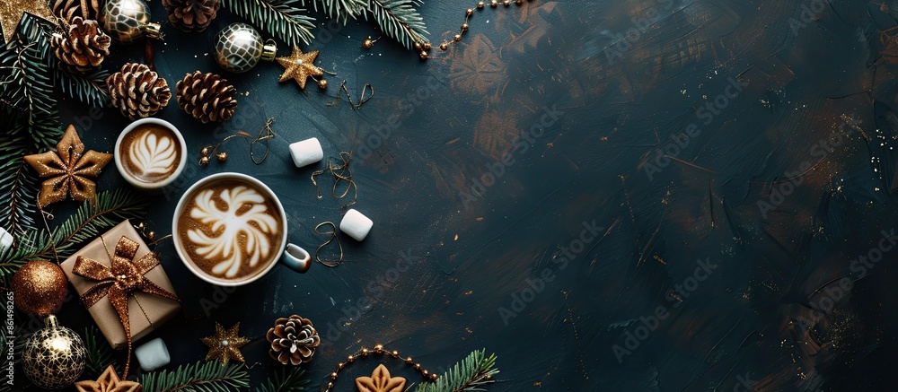 Poster a festive arrangement with christmas and new year decorations, featuring top view of fir tree branch