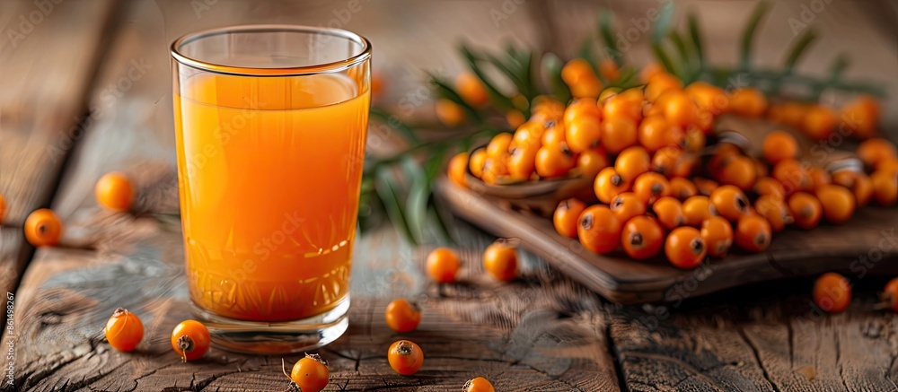 Poster a glass of nutritious sea buckthorn juice displayed on a table with copy space image.