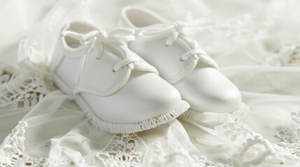 A pair of white baby shoes with lace detail, lying on a lace fabric background with a white cross in the background