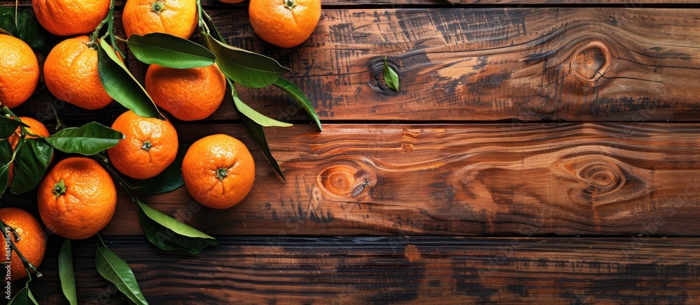 Poster a wooden table adorned with fresh organic tangerines, their leaves intact. the image features a shal