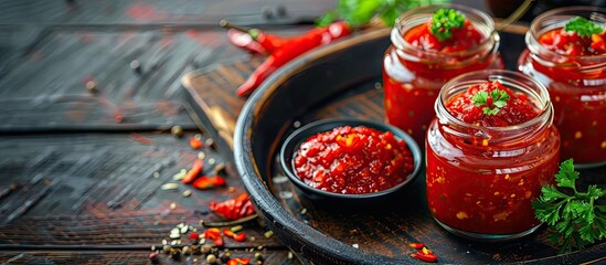 A close-up of Serbian traditional red vegetable spread like Ajvar or pindjur in glass jars displayed on a black plate with a rustic wooden table background, featuring copy space image.