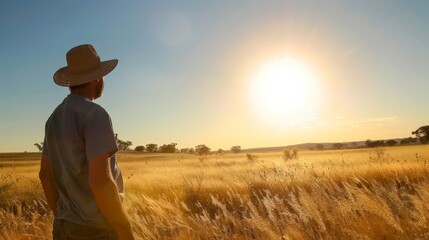 A man wearing a straw hat stands in a field of tall grass