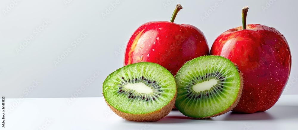 Aufkleber a composition of a vibrant red apple alongside two slices of kiwi, set against a blank background fo