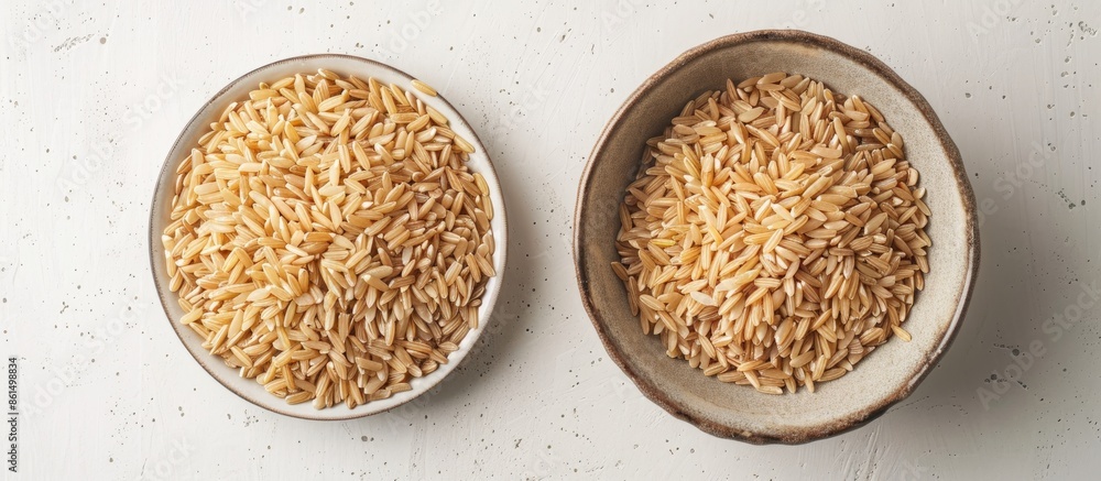 Poster a bowl containing uncooked brown rice with a plain background perfect for adding text or other eleme